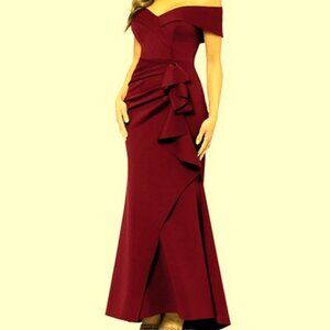 Xscape Wine Burgundy Ava Off the Shoulder Side Ruffle Evening Gown